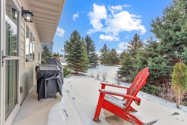 exterior space with grilling area and a water view