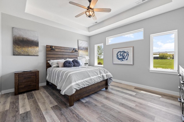 bedroom with baseboards, multiple windows, a tray ceiling, and wood finished floors