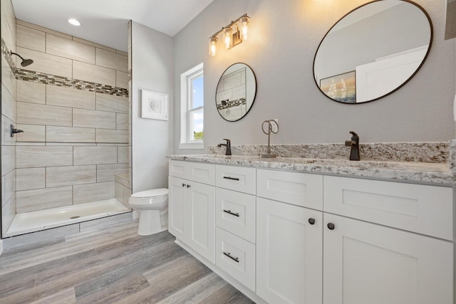 bathroom featuring double vanity, wood finished floors, a sink, and toilet