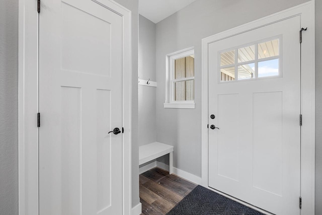 mudroom with dark wood finished floors and baseboards