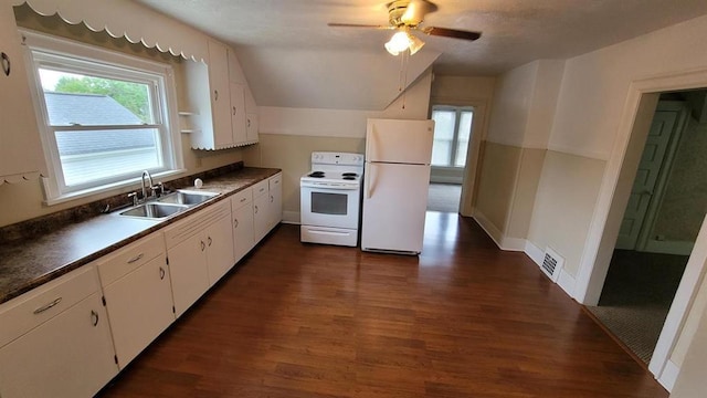 kitchen featuring white appliances, dark wood-type flooring, white cabinets, ceiling fan, and sink