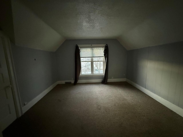 bonus room featuring lofted ceiling, carpet flooring, and a textured ceiling