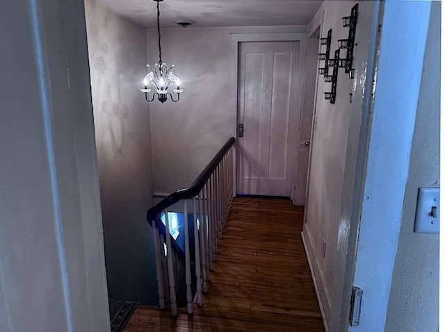 staircase featuring a notable chandelier and hardwood / wood-style floors