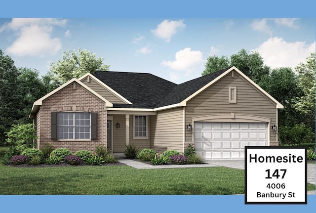 view of front of home with a garage and a front lawn