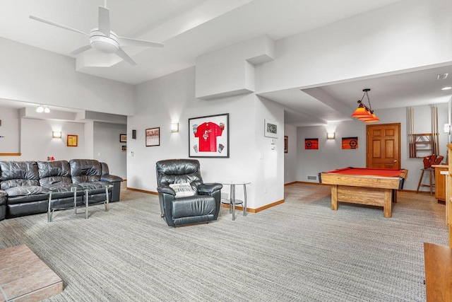 playroom featuring pool table, ceiling fan, and light colored carpet