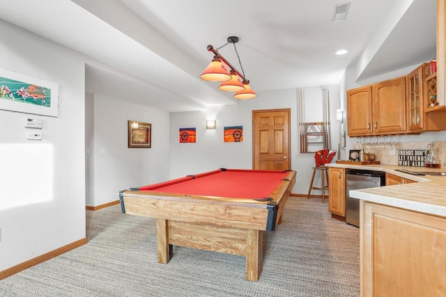 game room featuring bar area, light colored carpet, and billiards