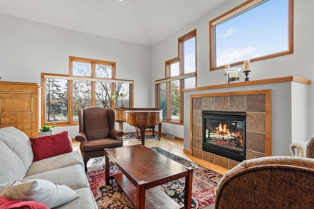 living room featuring a tiled fireplace and wood-type flooring