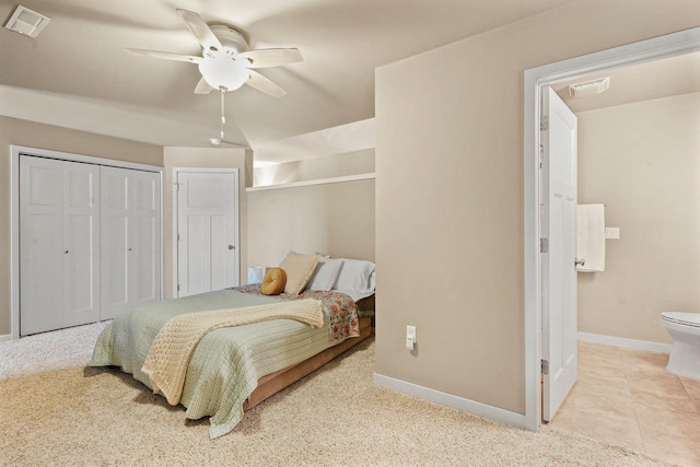 carpeted bedroom with ceiling fan