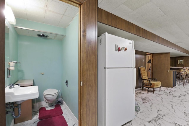 interior space featuring toilet, wood walls, and sink