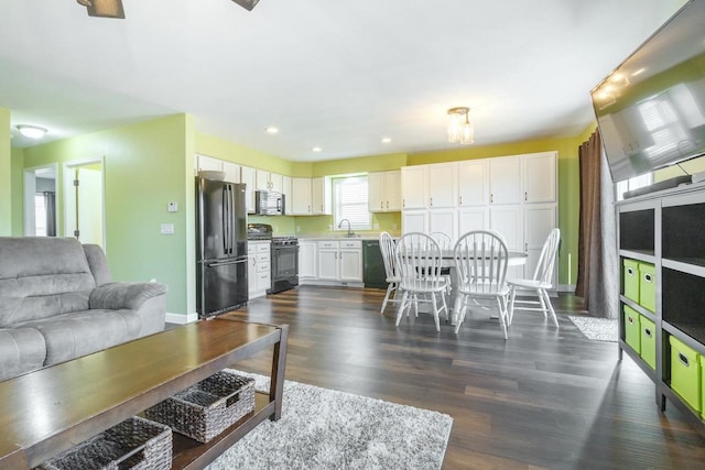 living room featuring sink and dark wood-type flooring