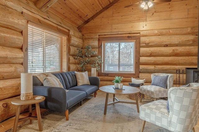 sitting room featuring wooden ceiling, log walls, beamed ceiling, ceiling fan, and high vaulted ceiling