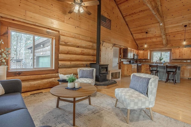 living room with wood ceiling, rustic walls, high vaulted ceiling, and a wood stove