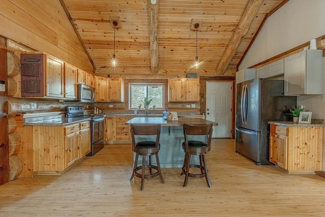 kitchen with stainless steel appliances, light hardwood / wood-style flooring, wooden ceiling, and pendant lighting