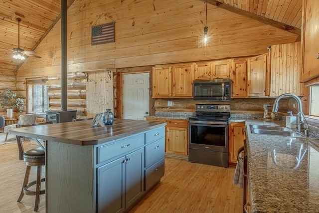 kitchen with sink, high vaulted ceiling, a kitchen island, log walls, and appliances with stainless steel finishes