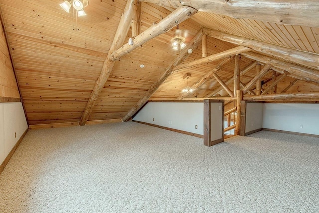 bonus room featuring wooden ceiling, vaulted ceiling with beams, and carpet flooring