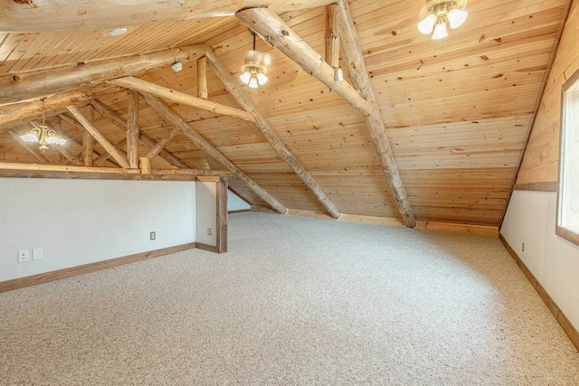 bonus room with carpet flooring, wood ceiling, and vaulted ceiling with beams