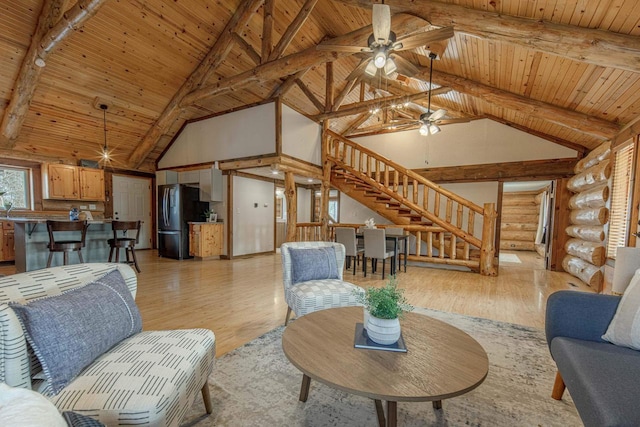 living room featuring log walls, high vaulted ceiling, beam ceiling, and wooden ceiling