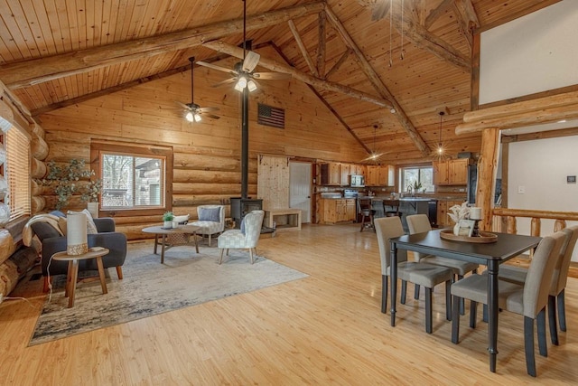 dining area featuring high vaulted ceiling, beam ceiling, a wood stove, and rustic walls