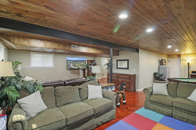 living room with wood ceiling, billiards, and beamed ceiling