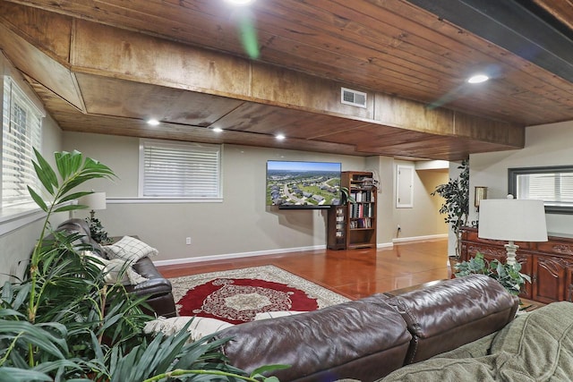 living room with wood ceiling