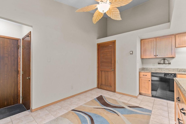 kitchen with ceiling fan, dishwasher, light brown cabinetry, and light tile patterned flooring