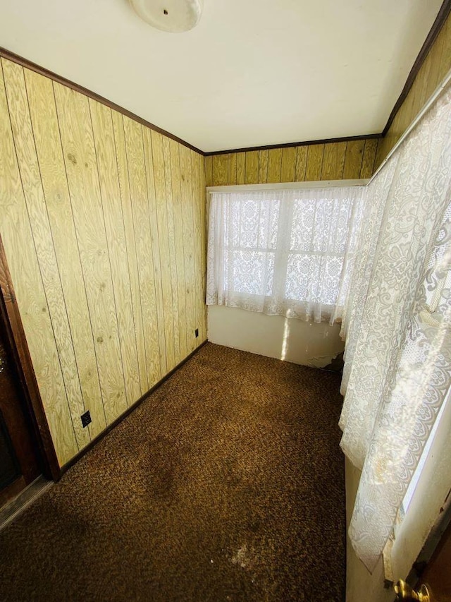 empty room featuring wooden walls, crown molding, and carpet flooring