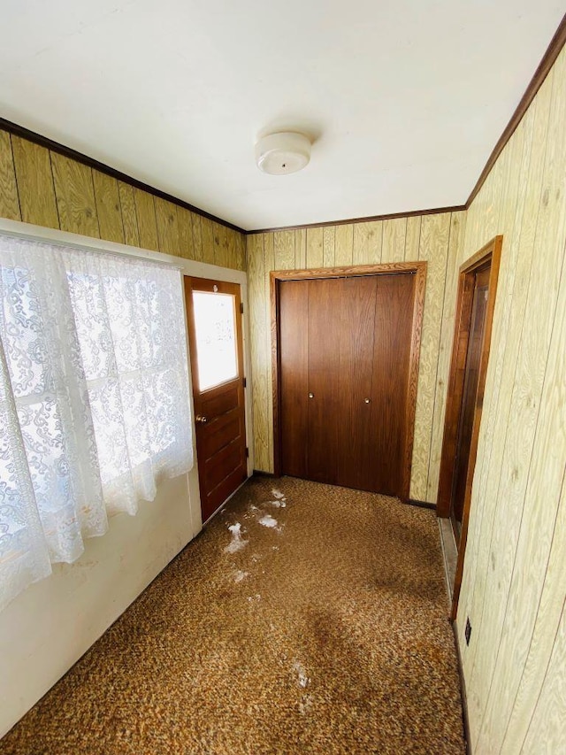 hallway featuring wood walls, carpet, and crown molding