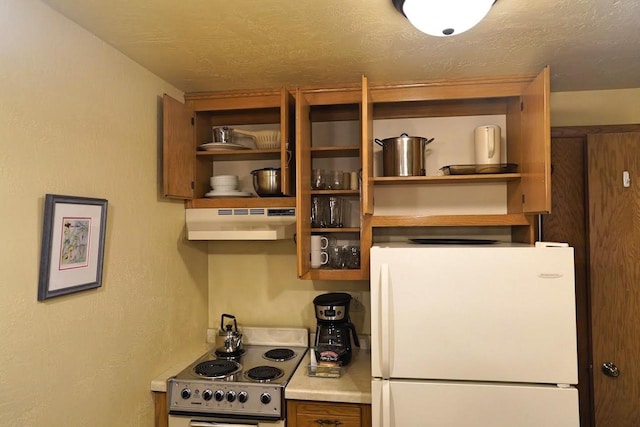 kitchen with white fridge, a textured ceiling, and range