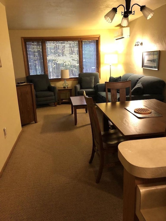 dining space with light carpet and a wall unit AC