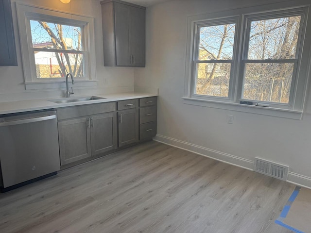 kitchen featuring sink, light hardwood / wood-style floors, dishwasher, and gray cabinets