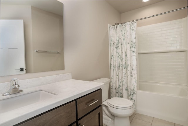 full bathroom with shower / tub combo, tile patterned floors, vanity, and toilet