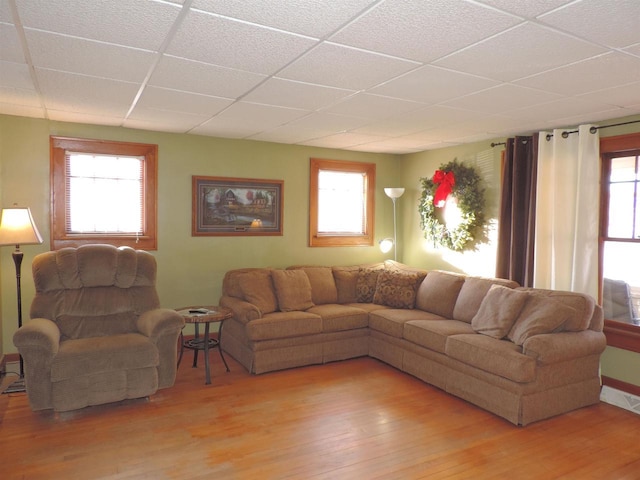 living room with a paneled ceiling and light hardwood / wood-style floors