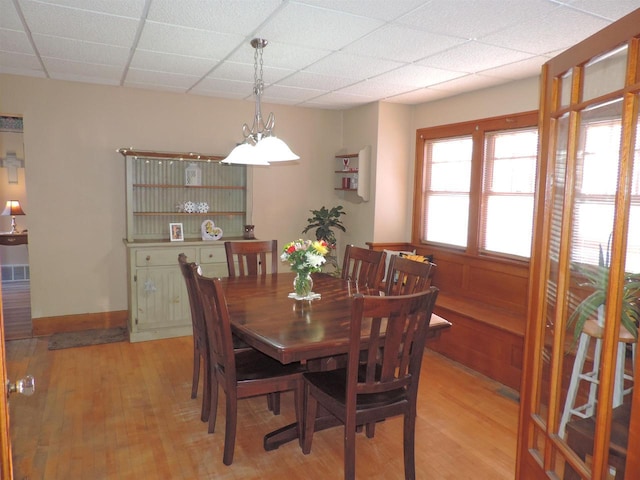 dining space featuring light hardwood / wood-style floors and a drop ceiling