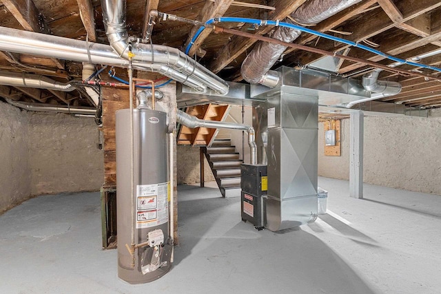 basement with water heater and heating unit