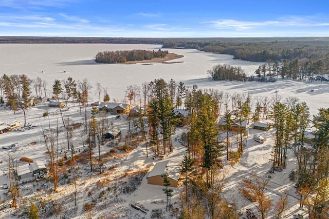 snowy aerial view with a water view