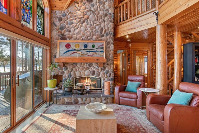 living room with wooden ceiling, a fireplace, rustic walls, wood-type flooring, and high vaulted ceiling