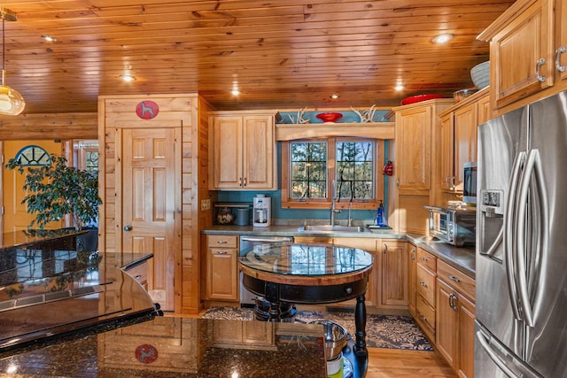 kitchen with appliances with stainless steel finishes, pendant lighting, wood ceiling, and sink