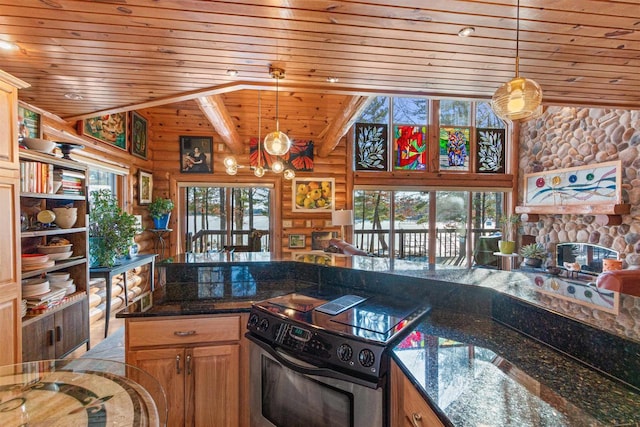 kitchen with rustic walls, hanging light fixtures, stainless steel range with electric cooktop, wood ceiling, and beamed ceiling