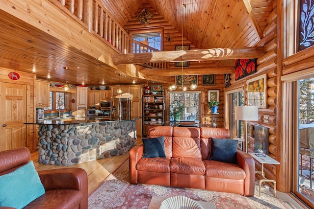 living room with rustic walls, light wood-type flooring, and high vaulted ceiling