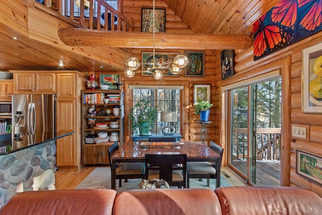 dining area with rustic walls, wooden ceiling, and plenty of natural light