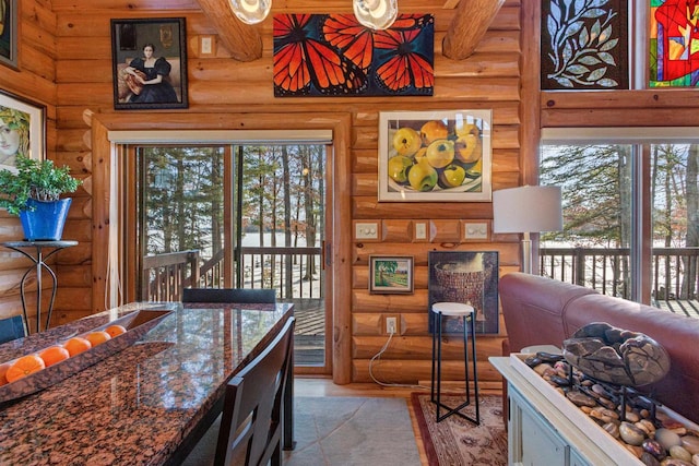 dining area with log walls