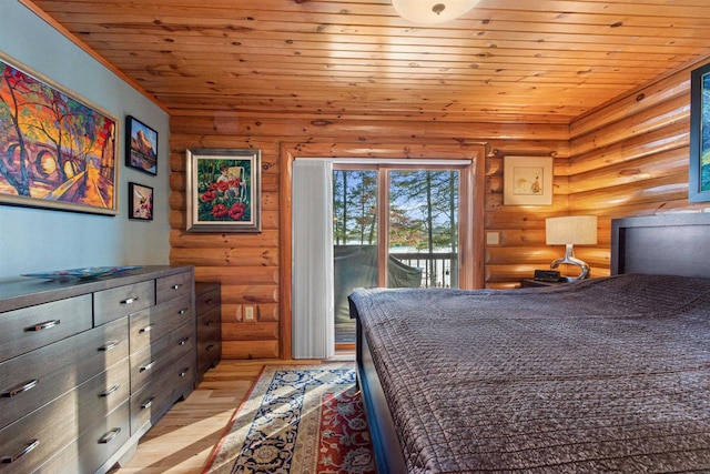 bedroom featuring access to outside, wooden ceiling, light hardwood / wood-style flooring, and rustic walls