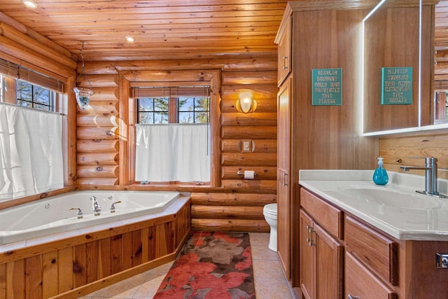 bathroom featuring toilet, rustic walls, vanity, and wood ceiling