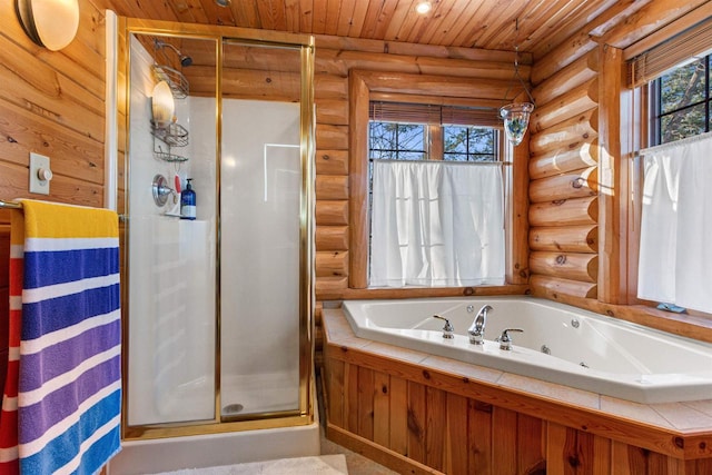 bathroom with rustic walls, wood ceiling, and plus walk in shower