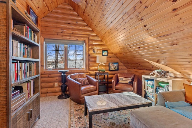 interior space featuring rustic walls, wood ceiling, and vaulted ceiling