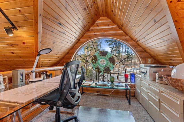 office space featuring light carpet, vaulted ceiling, and wood ceiling