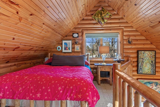 bedroom featuring wooden ceiling, log walls, and carpet floors