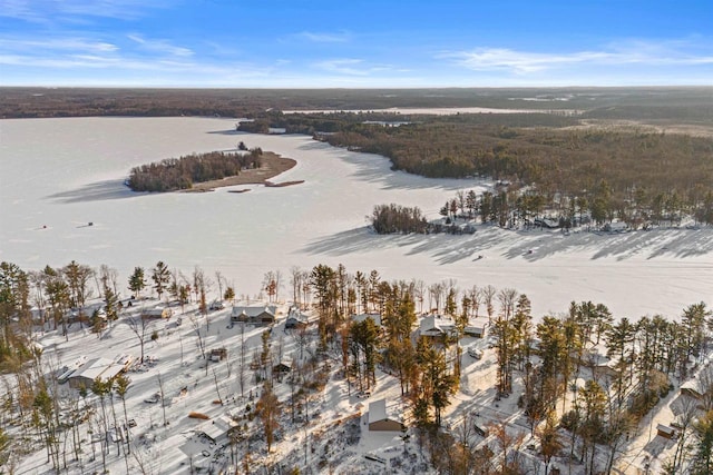 snowy aerial view with a water view