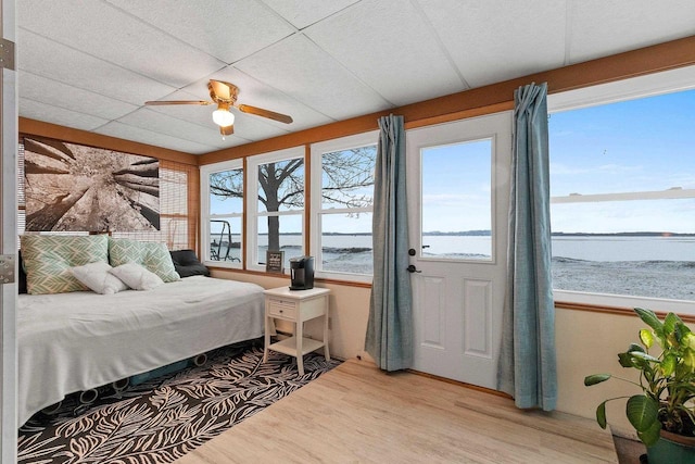 bedroom featuring ceiling fan, light hardwood / wood-style flooring, a water view, and a drop ceiling