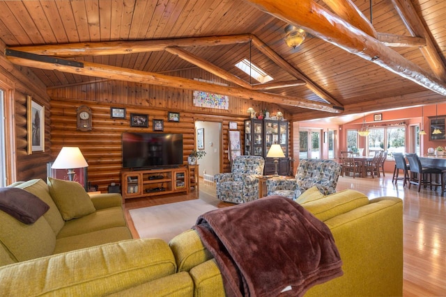 living room featuring beam ceiling, wooden ceiling, log walls, and high vaulted ceiling